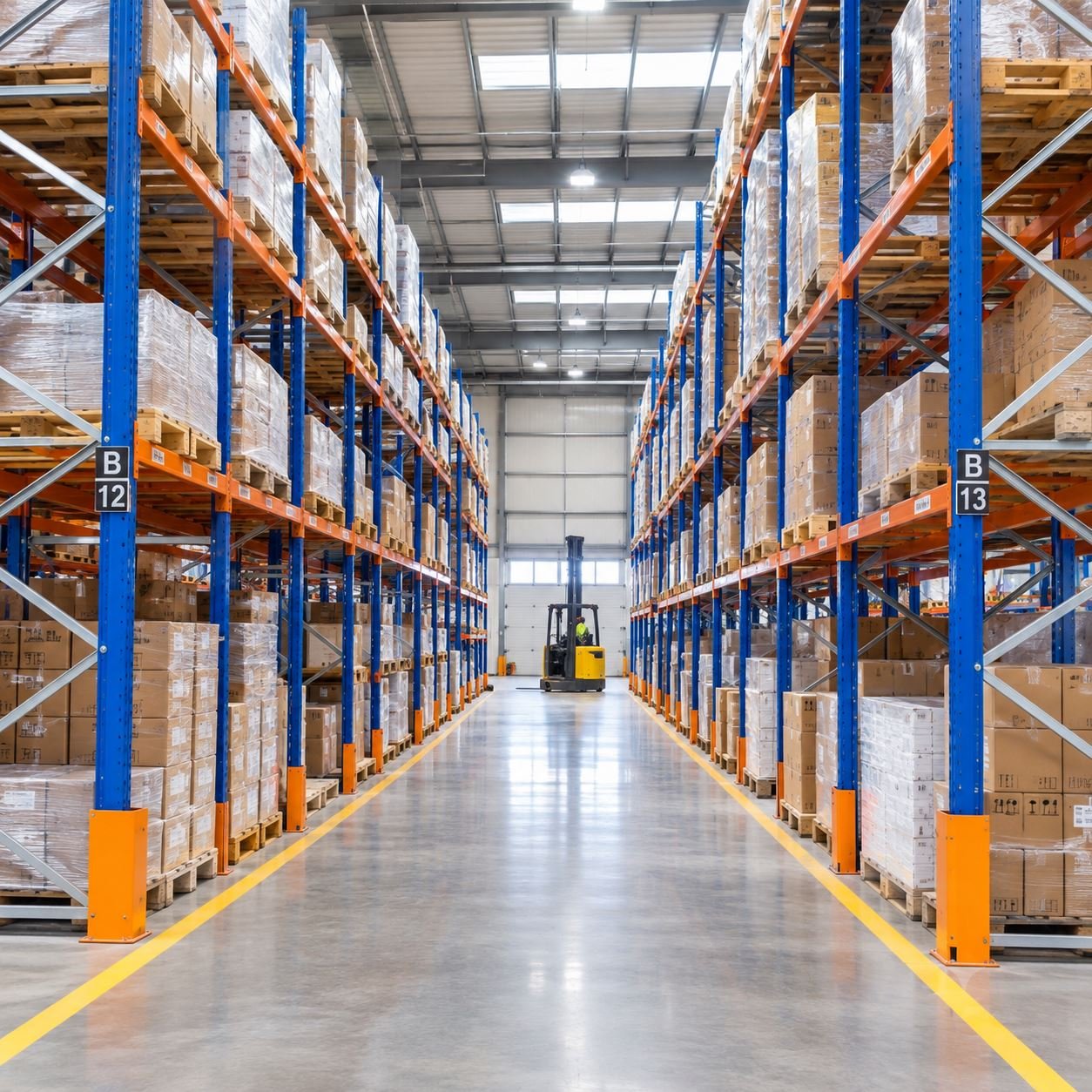 Warehouse racking aisle with pallet racks